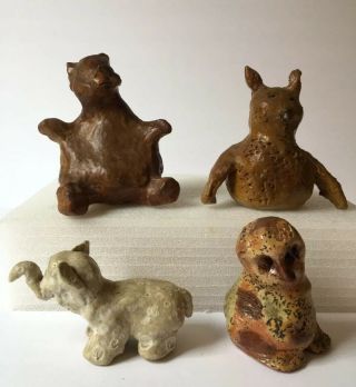 Vintage Ooak One - Of - A - Kind Hand Made Pottery Animal Figurines (4) Artist Unknown