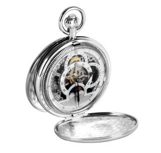 Woodford Chrome Plated Hunter Skeleton Twin Time Zone Pocket Watch,  Ref 1083