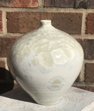 Handmade 1984 Signed Crystalline Glaze Light Gray And Cream White Weed Pot Vase