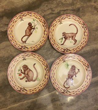 American Atelier At Home Monkey Salad Plates W/ Bamboo Trim 5029 Set Of 4 Euc