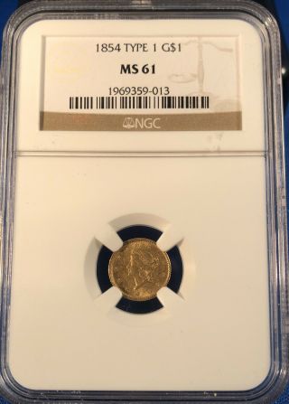 1854 Type - 1 G$1 Liberty Head Gold Dollar - Ngc Ms 61 -