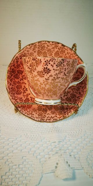 Colclough England Pink And Gold Teacup / Cup Saucer England Bone China