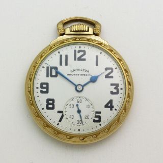Vintage 51mm Gold Filled Open Face Hamilton 992b Railway Special Pocket Watch