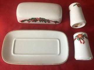 Poinsettia & Ribbons Fine China Porcelain Covered Butter Dish & Salt And Pepper