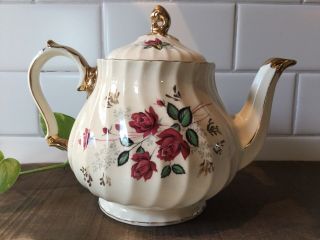 Sadler England Swirl Teapot White With Burgundy Roses And Gold Trim