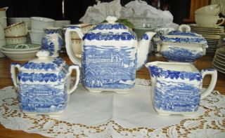 Vintage Blue Willow Teapot Creamer & Sugar Bowl W/ Lid Set