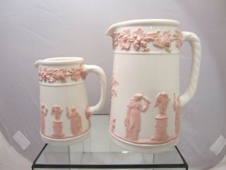 2 - Wedgwood Queensware Pink On White Jug Or Small & Large Pitcher England