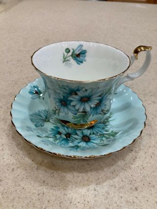 Royal Albert Bone China England White/blue Daisy Floral Tea Cup & Saucer Set