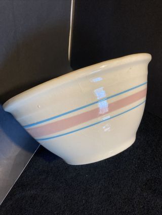Vintage Mccoy Pottery Bowl 10 " Cream W/pink And Blue Stripes Ovenware