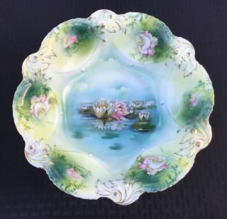 Signed Rs Prussia 10.  5” Bowl With Water Lily’s And Pink Rose Decoration Edging