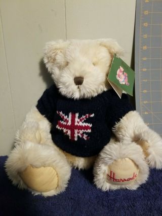Harrods Knightsbridge Bear 8 " Blond Bear W/ Blue British Flag Sweater Union Jack