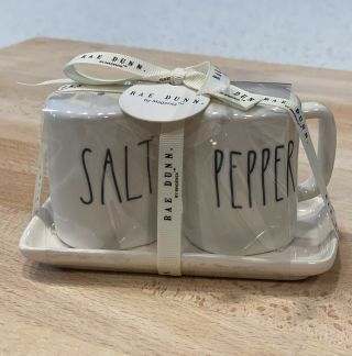 Rae Dunn – Salt & Pepper Shaker Set With Tray - White Ceramic - In Packaging