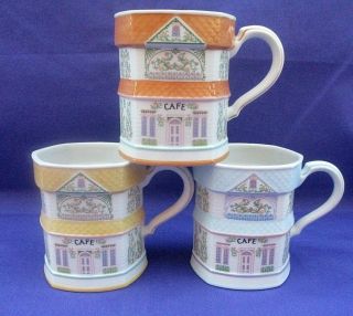 Set Of 3 Vintage 1992 The Lenox Village Fine Porcelain Coffee Mugs Cafe House