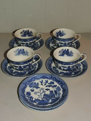 Great Set Of Vintage Occupied Japan Blue Willow Cups (4) And Saucers (6)