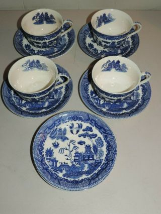 GREAT SET OF VINTAGE OCCUPIED JAPAN BLUE WILLOW CUPS (4) AND SAUCERS (6) 2