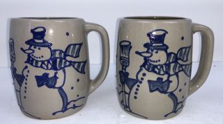 Vintage Beaumont Brothers Pottery (bbp) Salt Glaze Set Of 2 Holiday Snowman Mugs