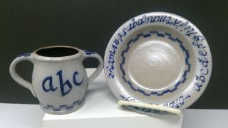 1991 Rowe Pottery Blue Salt Glaze Childs Abc Two Handled Cup / Mug And Bowl