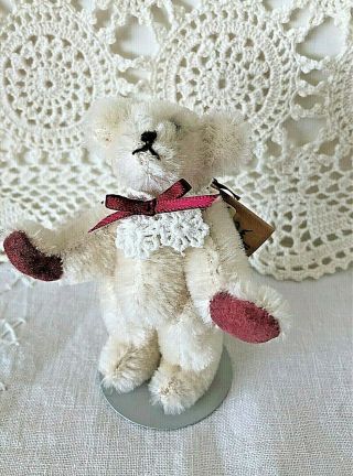 Miniature Jointed White Mohair Bear,  With Tags