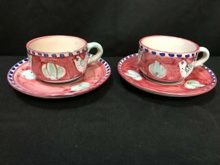 Set Of 2 Solimene Vietri Italy " Chick " Red / Blue Cups & Saucers 2 1/4 "