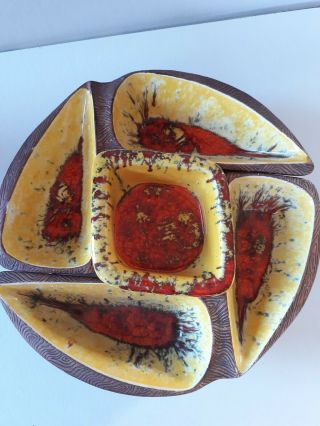 Mccoy Red And Yellow Drip Glazed Vegetable Chips And Dip Serving Tray On Stand