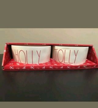 Rae Dunn By Magenta Holly Jolly Dog Bowl Set Ivory W/ Red Letter