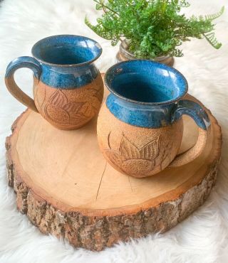 Pottery Stoneware Mug Cup Blue Half Glaze Floral Imprint Artisan Hand Made Set 2
