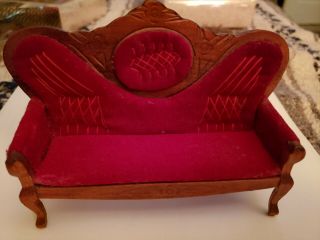 Dollhouse Miniature Wood Victorian Couch Red Velvet And Walnut D6414