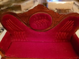 Dollhouse Miniature Wood Victorian Couch Red Velvet and Walnut D6414 2