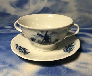 Vintage Ter Steege Delft Blue Porcelain Windmill Tea Cup & Saucer 2 Handles