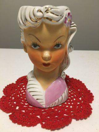 Vintage White And Pink Lady Head Vase With Gold Trim