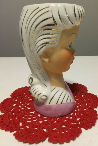 Vintage white and pink lady head vase with gold trim 2