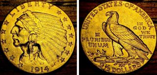 1914 D $2.  5 Indian Head Gold Coin Denver 2 1/2 Dollar,  Choice Au,  I08
