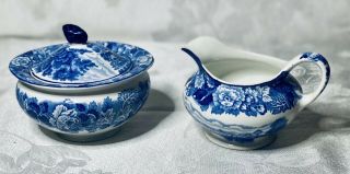 Woods Ware Blue Cream And Sugar Bowl Set English Scenery Enoch Wood’s Antique