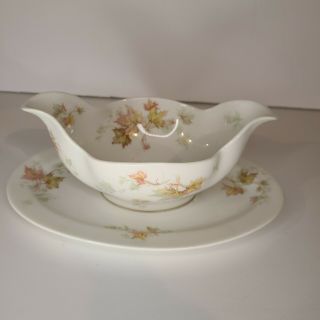 Vintage Haviland Limoges Autumn Leaf Gravy Boat With Attached Underplate