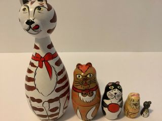 Cat And Mouse Vintage Russian 5 Piece Wood Nesting Dolls