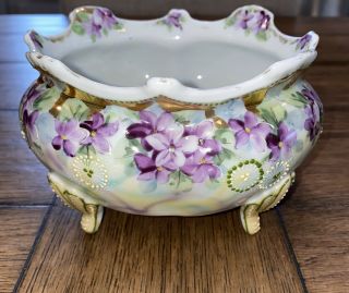 Antique Hand Painted Nippon Porcelain Footed Candy Dish Bowl Accents Violets 4x6