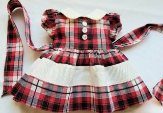 Vintage Red Plaid Doll Dress With White Band At Hem And Button Trim - Fits 16 " Dol