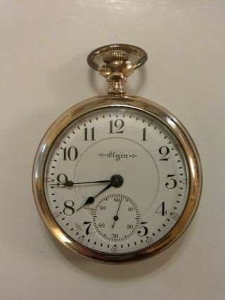 1902 Elgin Railroad Pocket Watch,  21 Jewel Veritas,  Train Etched Case,  Runs