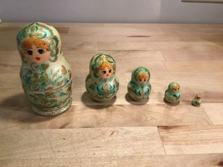 Set Of Five Russian Nesting Dolls Green Five Leaf Clovers