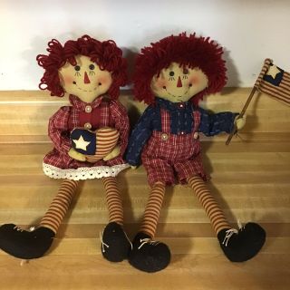 Adorable Folk Art Raggedy Ann And Andy 14” Dolls Patriotic Americana