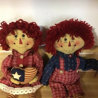 Adorable Folk Art Raggedy Ann and Andy 14” Dolls PATRIOTIC Americana 2