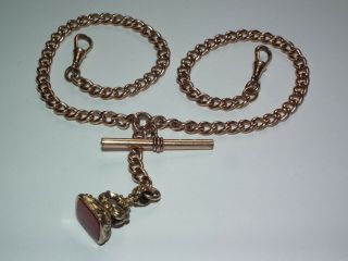C1900 Double Albert Rose Gold Gilt Watch Chain Carnelian Seal & T - Bar