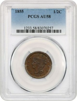 1855 1/2c Pcgs Au58 - Braided Hair Half Cents (1840 - 1857)