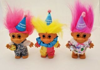 Set Of 3 Russ Trolls Dolls 5 " Happy Birthday Clown Boy & Girl W/ Package 1980 