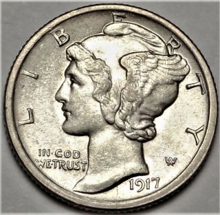 1917 - D Mercury Silver Dime Choice Uncirculated Unc Full Bands Fb Denver 10c Coin