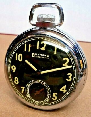 Serviced 1961 Ingraham Usa Biltmore Luminous Black Dial Dollar Type Pocket Watch