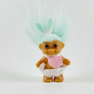 Russ 2” Baby Troll Easter Bunny Ears Troll Pink Bib Diaper Blue Hair Vintage 90