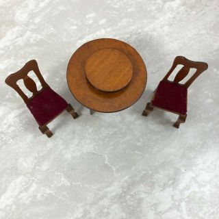 Wooden Doll House Furniture Round Table,  2 Red Velvet Chairs