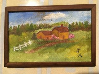 Signed Miniature Dollhouse Oil Painting Framed Picture Farmhouse