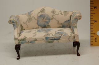 Upholstered Sofa,  Blue Floral Pattern,  Queen Ann Legs,  5 1/8 " Wide,  1:12,  Vf